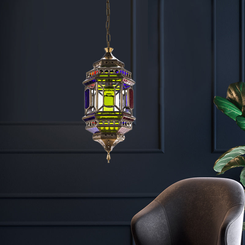 3-Bulb Hanging Lighting Art Deco Castle Shape Colorful Glass Chandelier Pendant Lamp in Brass