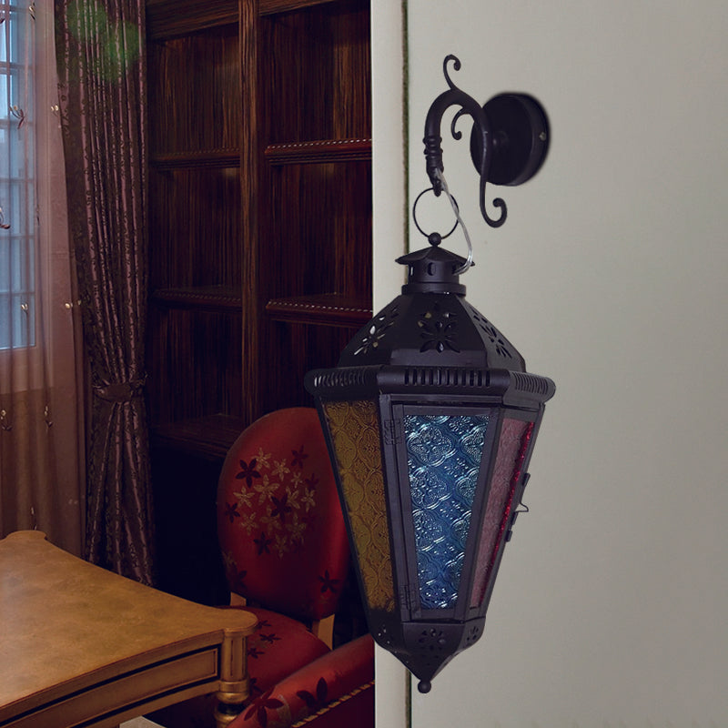 1 Bulb Iron Sconce Lamp Art Deco Blue/Black Cone Balcony Wall Mount Ceiling Light with Colorful Glass Shade