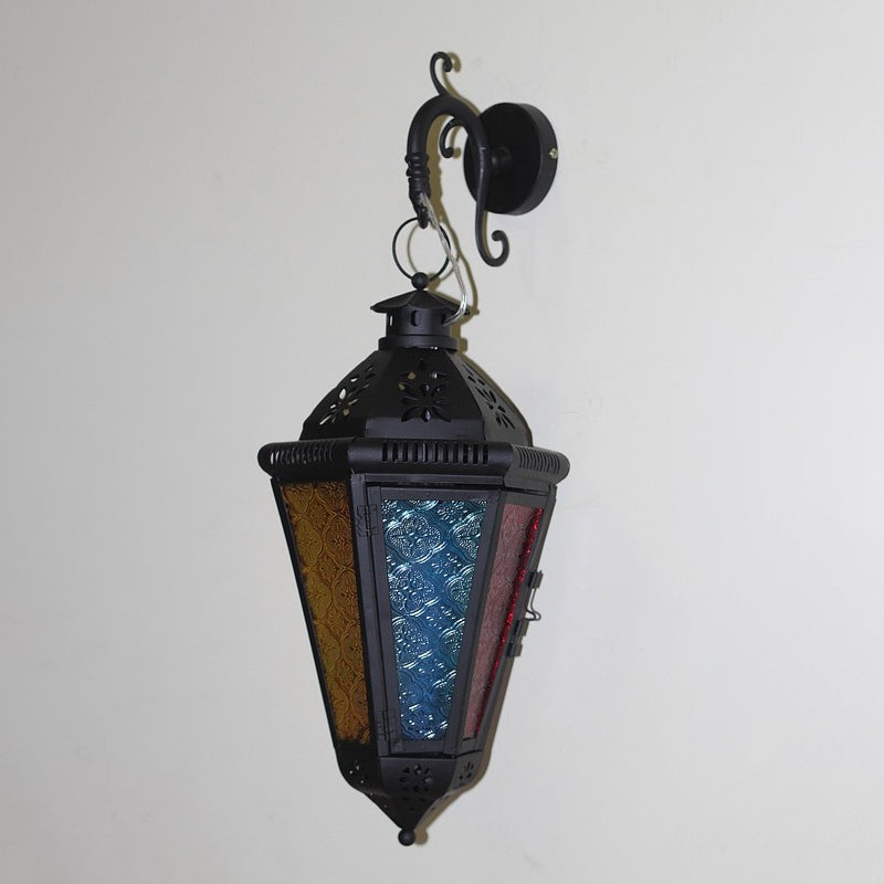 1 Bulb Iron Sconce Lamp Art Deco Blue/Black Cone Balcony Wall Mount Ceiling Light with Colorful Glass Shade