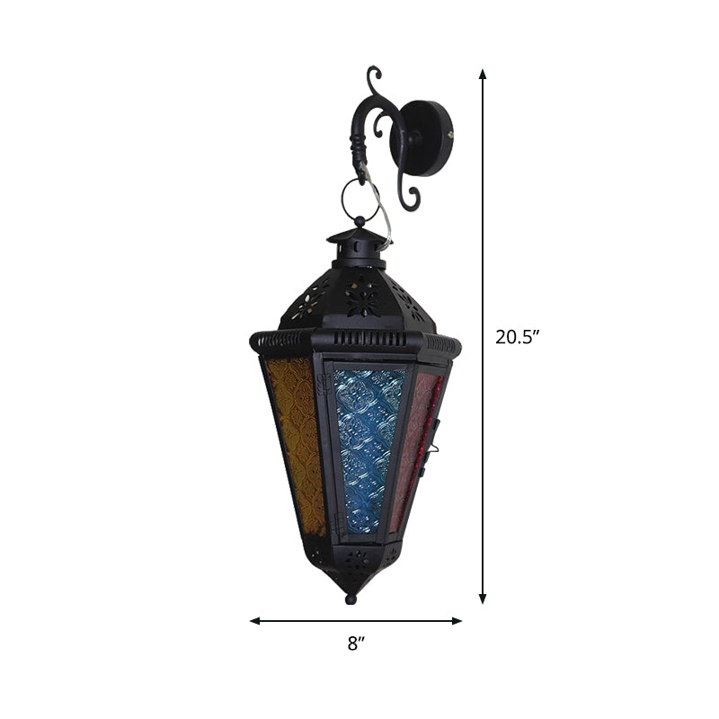 1 Bulb Iron Sconce Lamp Art Deco Blue/Black Cone Balcony Wall Mount Ceiling Light with Colorful Glass Shade
