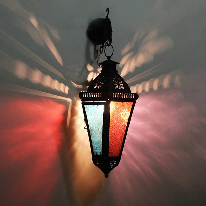 1 Bulb Iron Sconce Lamp Art Deco Blue/Black Cone Balcony Wall Mount Ceiling Light with Colorful Glass Shade