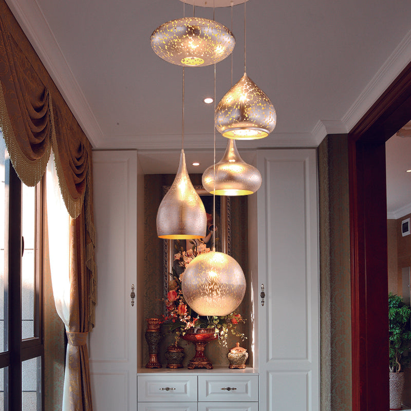 Antiqued Hollowed Out Hanging Light 5 Heads Iron Cluster Pendant Lamp in Black/Silver/Brass with Round Canopy