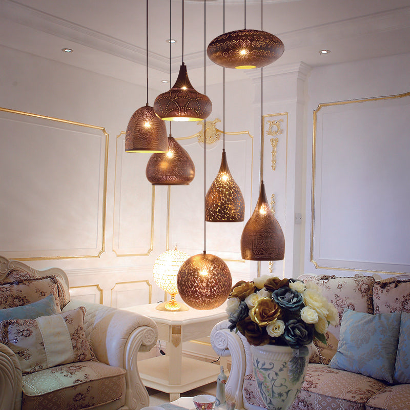 7 Lights Hollow-Out Cluster Pendant Art Deco Black/Silver/Brass Finish Iron Arab Hanging Ceiling Lamp