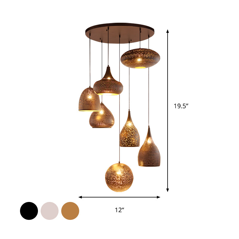 7 Lights Hollow-Out Cluster Pendant Art Deco Black/Silver/Brass Finish Iron Arab Hanging Ceiling Lamp