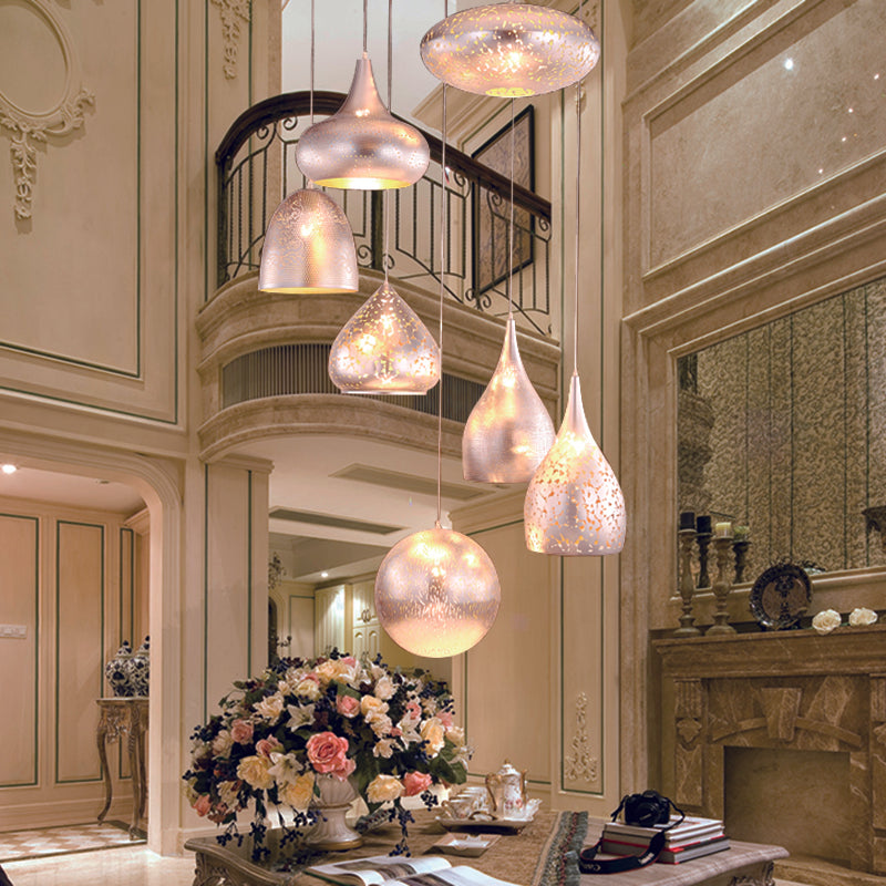 7 Lights Hollow-Out Cluster Pendant Art Deco Black/Silver/Brass Finish Iron Arab Hanging Ceiling Lamp