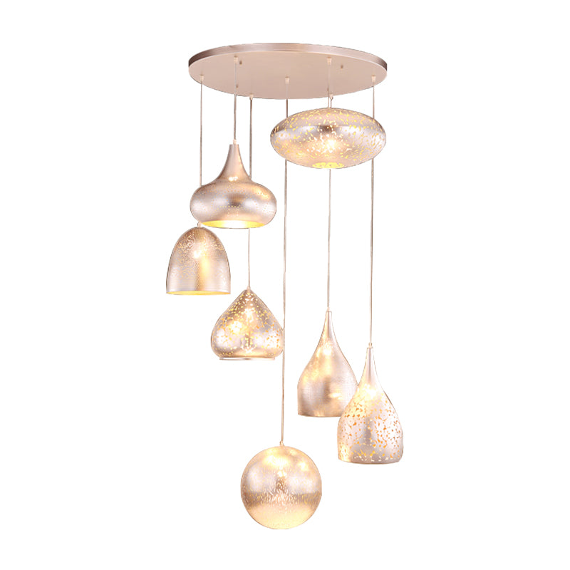 7 Lights Hollow-Out Cluster Pendant Art Deco Black/Silver/Brass Finish Iron Arab Hanging Ceiling Lamp