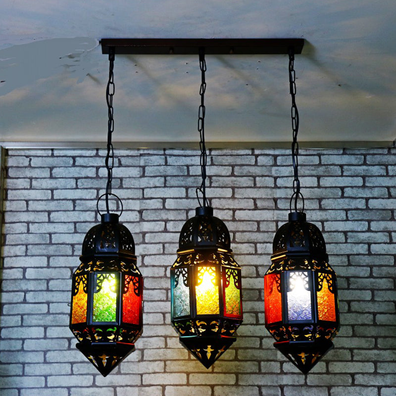 Black 3-Bulb Hanging Lighting Vintage Metallic Lantern Multi Pendant Lamp for Restaurant