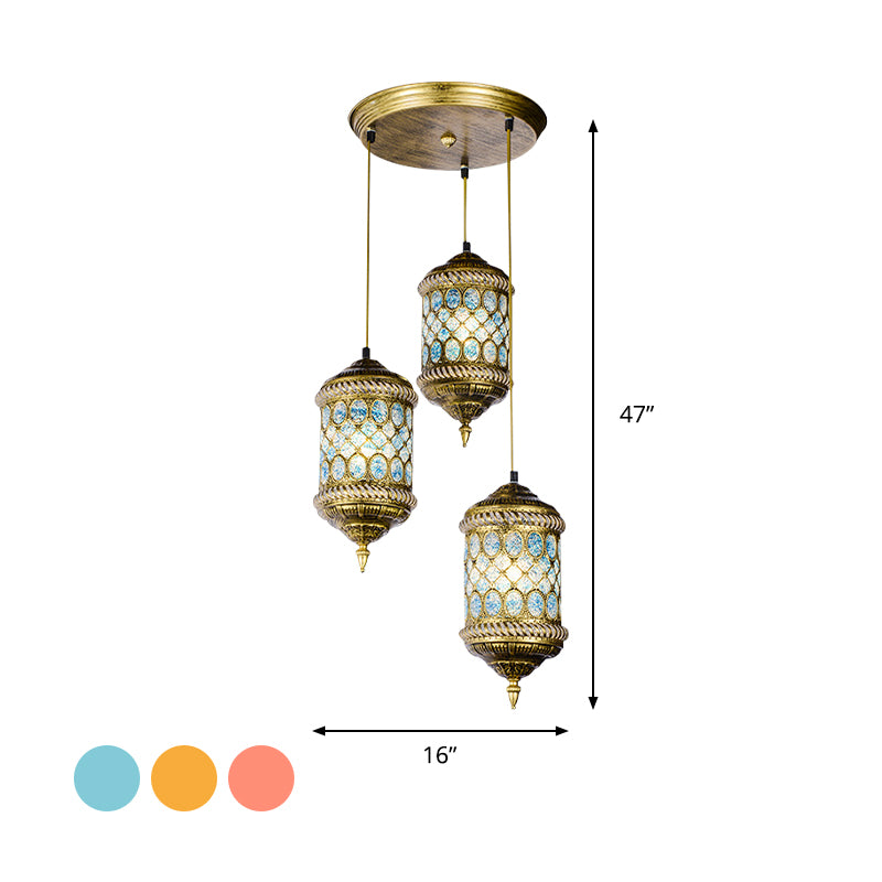 Cylindrical Metal Multi Pendant Light Art Deco 3 Heads Dining Room Ceiling Lamp Fixture in Red/Blue/Yellow