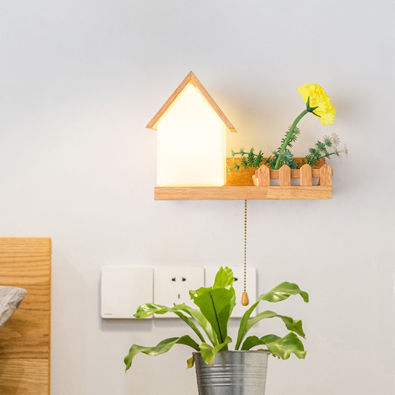 House Bedroom Sconce Light Industrial Frosted Glass 1 Bulb Wood LED Flower Wall Lighting, Left/Right