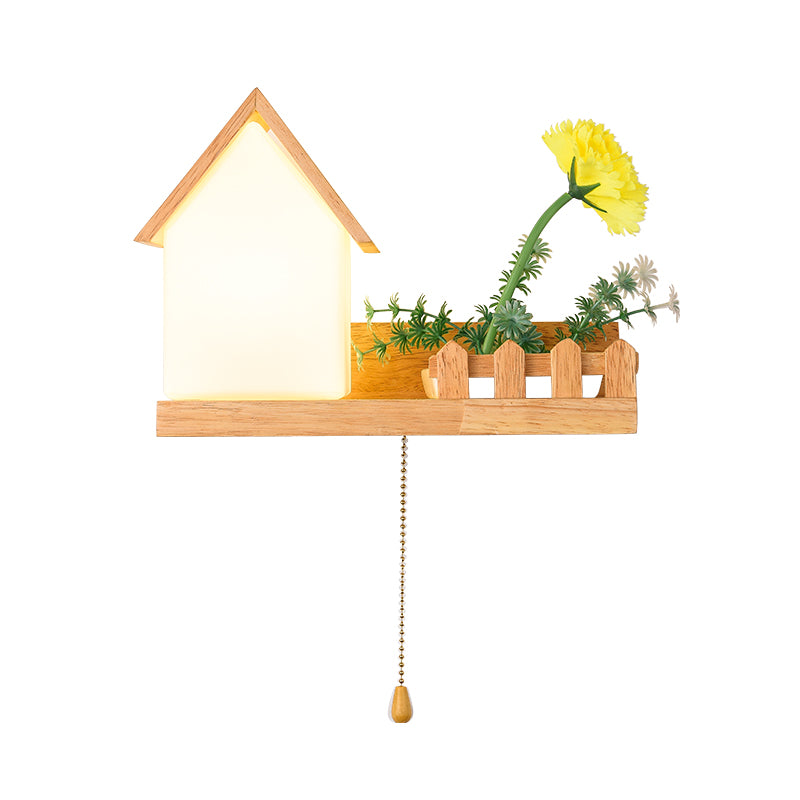 House Bedroom Sconce Light Industrial Frosted Glass 1 Bulb Wood LED Flower Wall Lighting, Left/Right