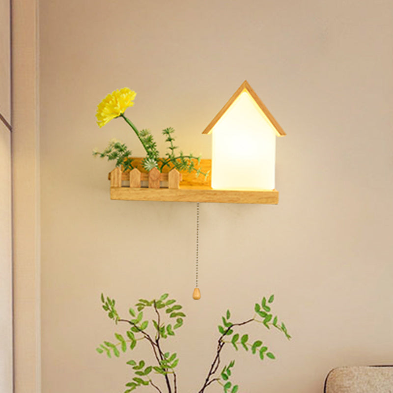 House Bedroom Sconce Light Industrial Frosted Glass 1 Bulb Wood LED Flower Wall Lighting, Left/Right