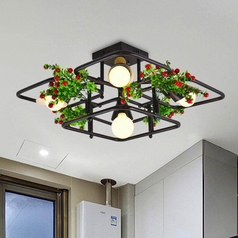 5/8 Lichter Quadrat/Rechteck Deckenbeleuchtung Industrie Black Metall Plant Semi Flush Mount für Wohnzimmer