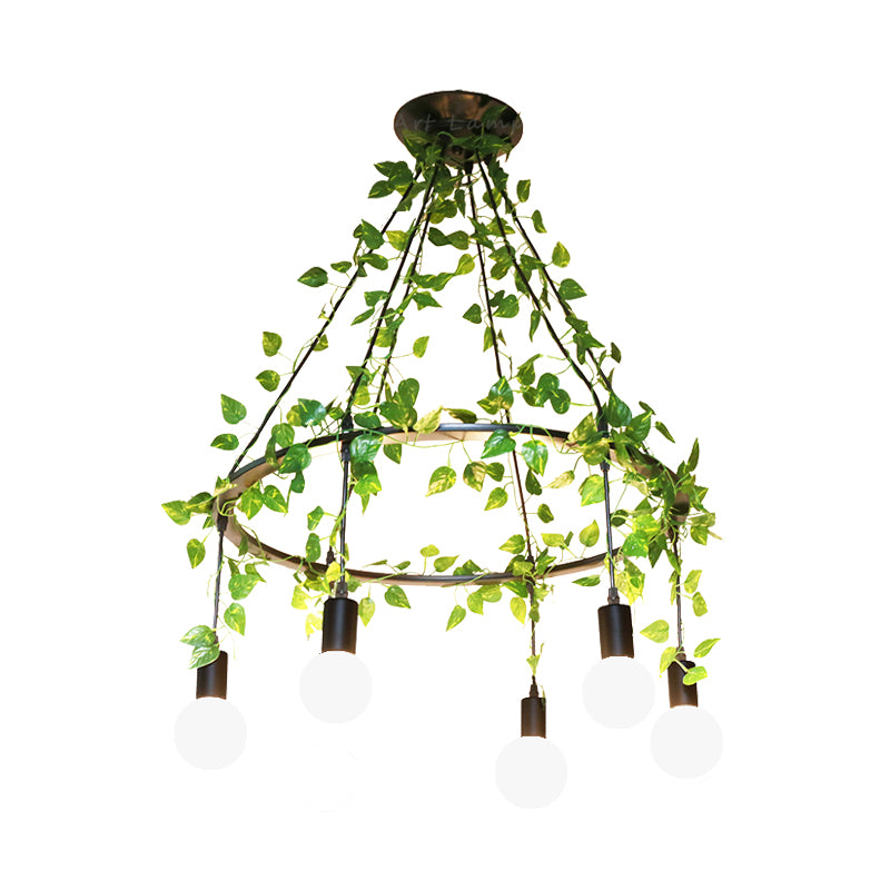 Bare Bulb Restaurant Cluster Pendant Industrial Metal 6 Bulbs Black Ceiling Lamp with Plant Decor