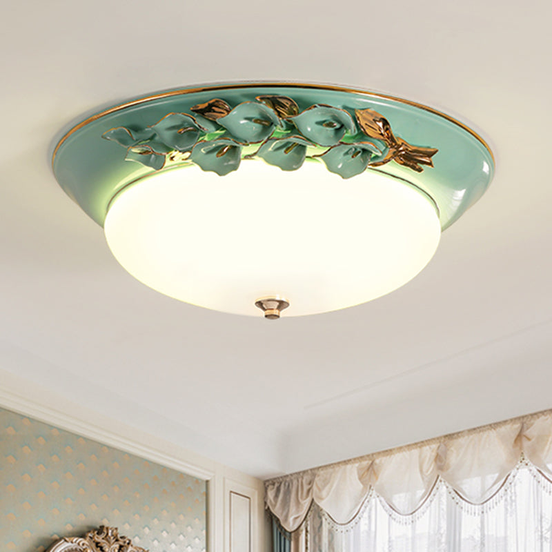 Pastoral Bowl Ceiling Mounted Fixture 1 Light Metal LED Flush Mount Lighting in White for Bedroom, 12 "/14.5" /17 " W