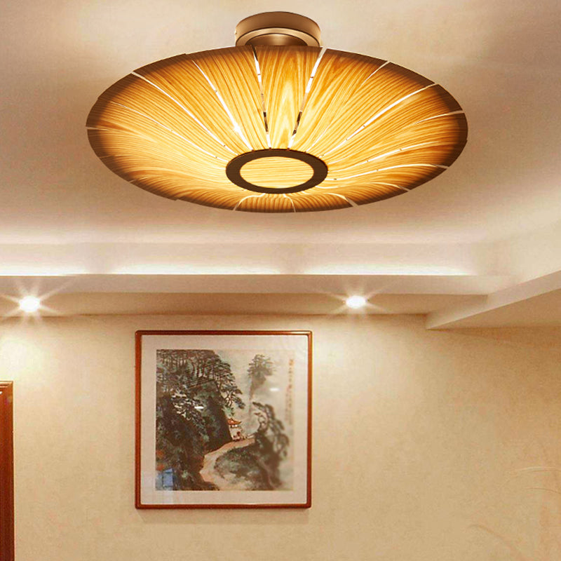 Simple Flush Mount Light Fixture Modern Ceiling Lamp with Wooden Shade for Sitting Room