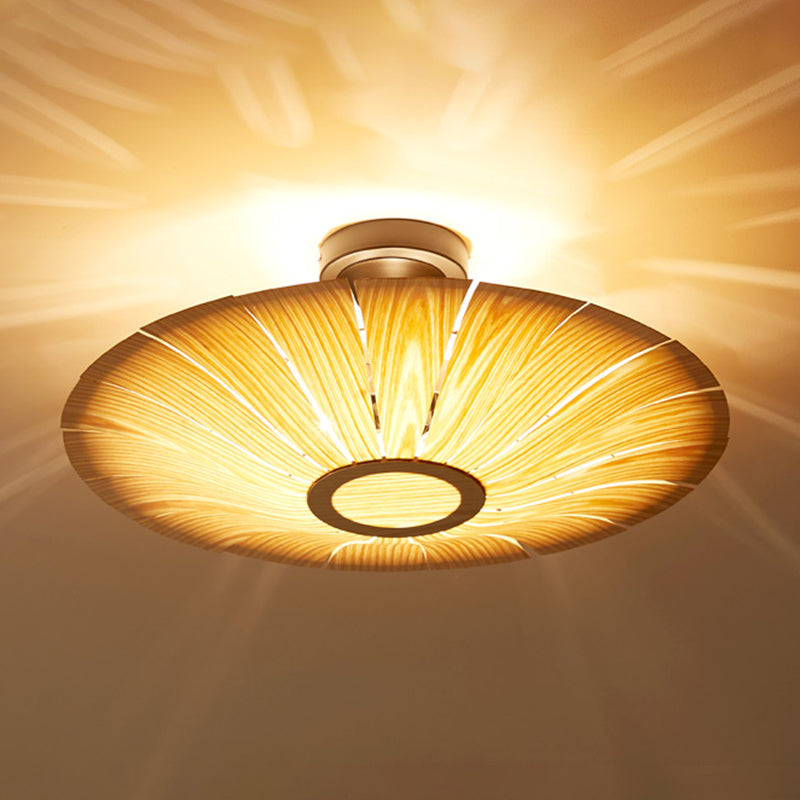 Simple Flush Mount Light Fixture Modern Ceiling Lamp with Wooden Shade for Sitting Room