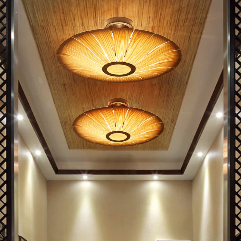 Simple Flush Mount Light Fixture Modern Ceiling Lamp with Wooden Shade for Sitting Room