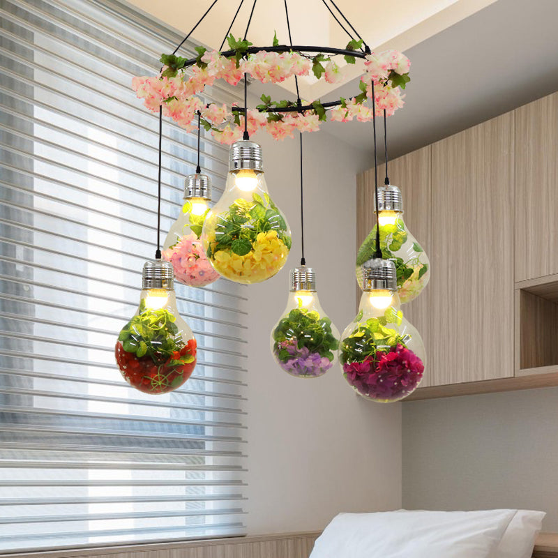 Black 6 Heads Cluster Pendant Industrial Clear Glass Bulb Shape LED Flower Suspension Light for Restaurant