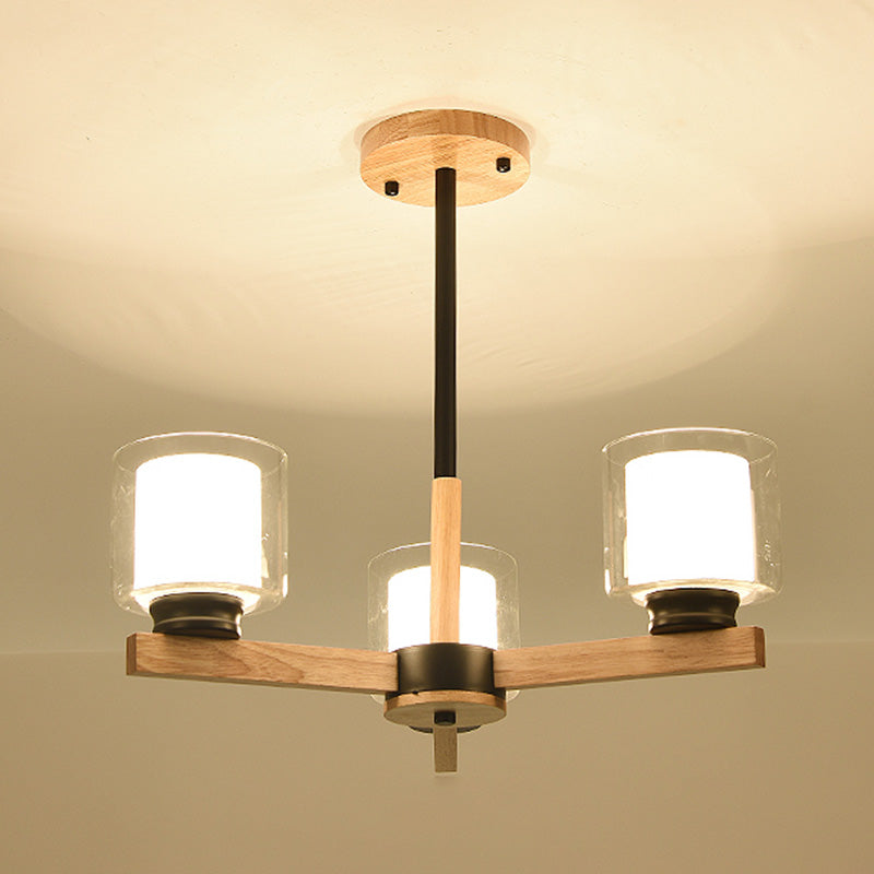 Wooden Chandelier Modern Living Room Suspension Lamp with Glass Shade