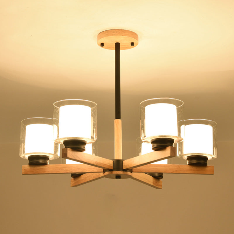 Wooden Chandelier Modern Living Room Suspension Lamp with Glass Shade