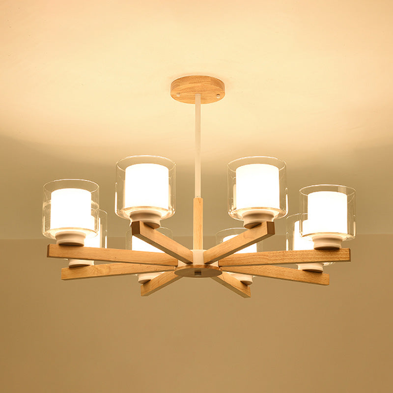 Wooden Chandelier Modern Living Room Suspension Lamp with Glass Shade