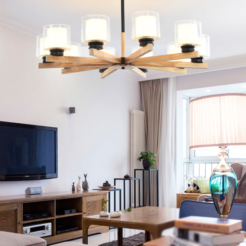 Wooden Chandelier Modern Living Room Suspension Lamp with Glass Shade
