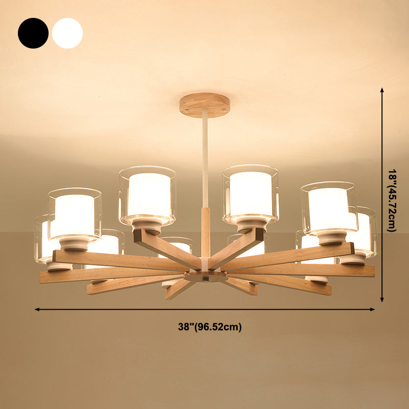 Wooden Chandelier Modern Living Room Suspension Lamp with Glass Shade