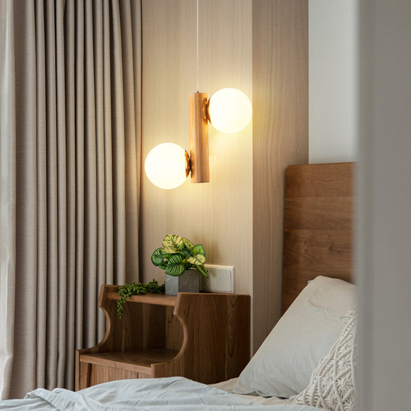 Glass Globe Pendant Chandelier Nordic Wood Hanging Light for Dining Room