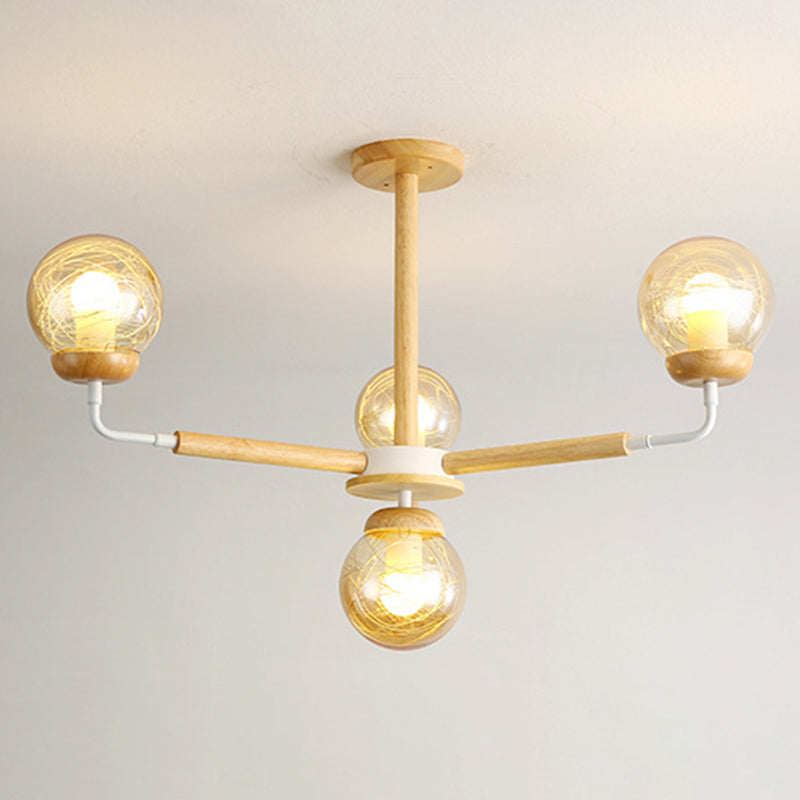 Minimalist Globe Chandelier Wooden 4-Light Bedroom Suspension Light with Glass Shade