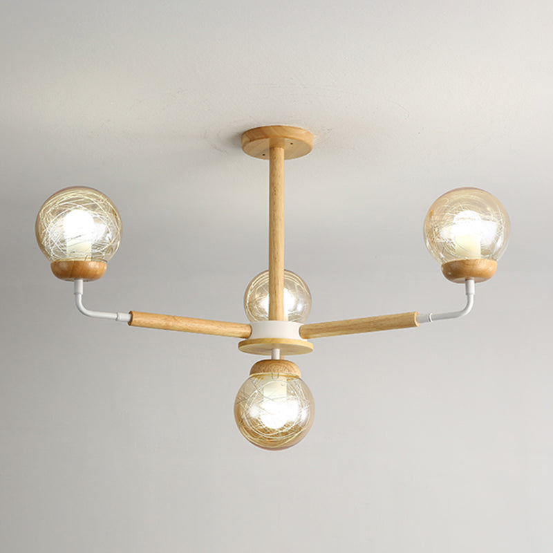 Minimalist Globe Chandelier Wooden 4-Light Bedroom Suspension Light with Glass Shade
