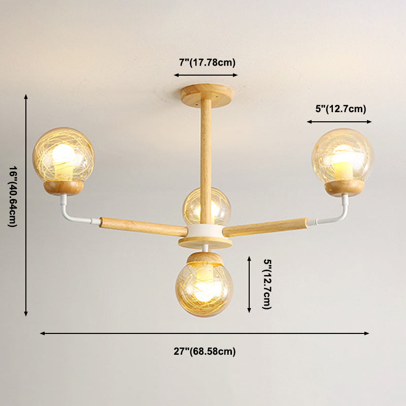 Minimalist Globe Chandelier Wooden 4-Light Bedroom Suspension Light with Glass Shade