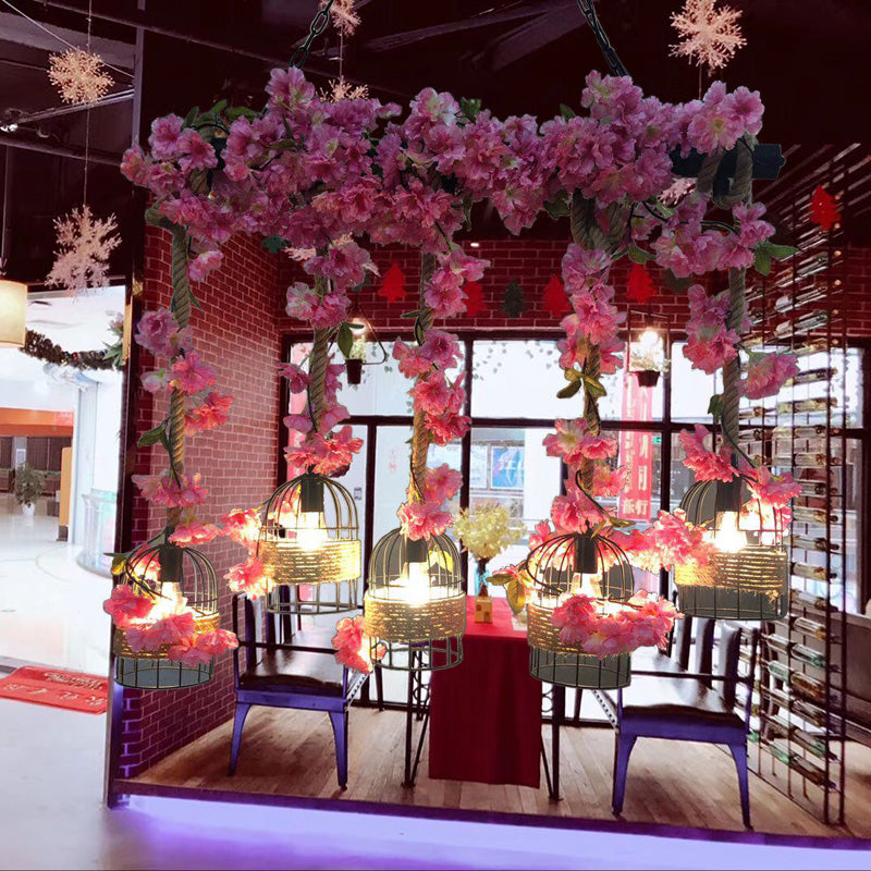 Metal Black Island Pendant Light Cage 5 Bulbs Industrial Flower Hanging Lamp Kit for Restaurant