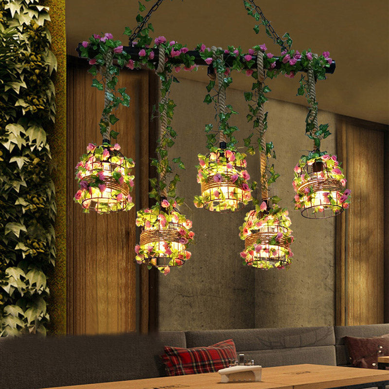 Black Cage Island Lighting Fixture Industrial Metal 5 Heads Restaurant Plant Ceiling Lamp