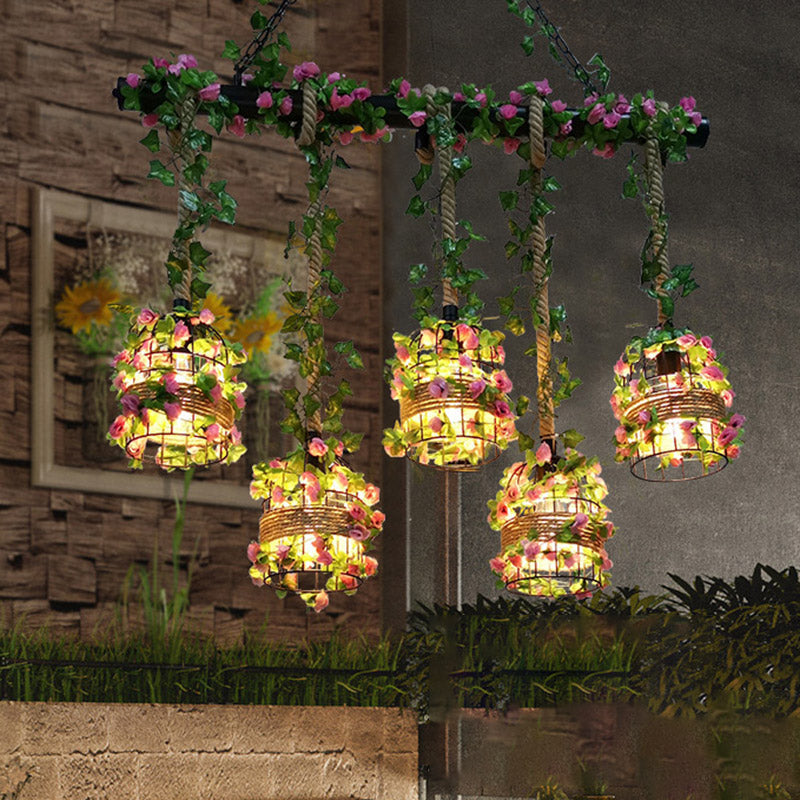 Black Cage Island Lighting Fixture Industrial Metal 5 Heads Restaurant Plant Ceiling Lamp
