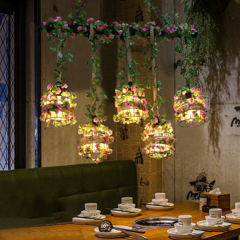 Black Cage Island Lighting Fixture Industrial Metal 5 Heads Restaurant Plant Ceiling Lamp