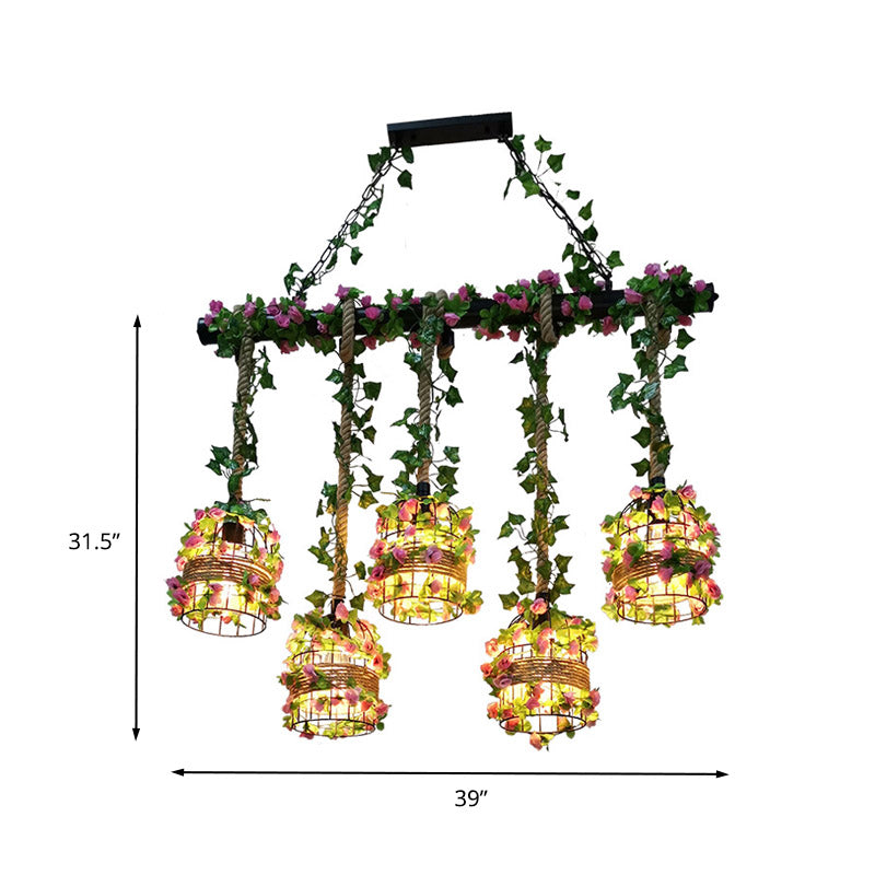 Black Cage Island Lighting Fixture Industrial Metal 5 Heads Restaurant Plant Ceiling Lamp