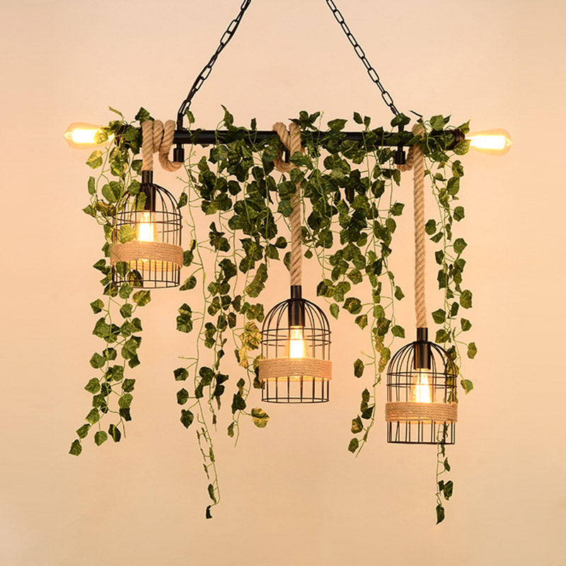 Pink/Green 5 Lights Hanging Island Light Retro Metal Caged Flower/Plant Drop Lamp for Restaurant