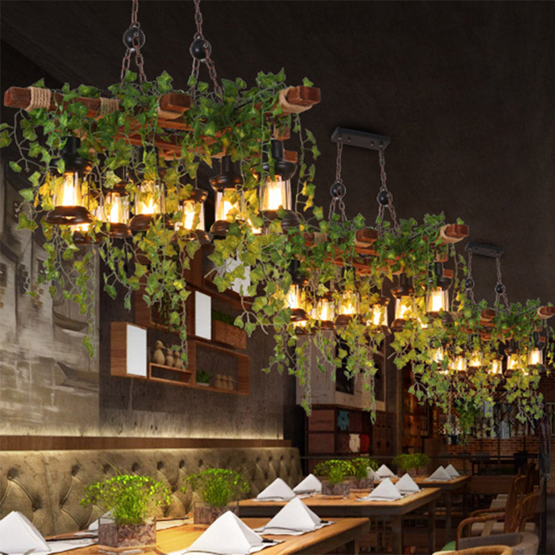 8 Lights Lantern Island Light Industrial Black Metal Hanging Lamp with Plant Decoration