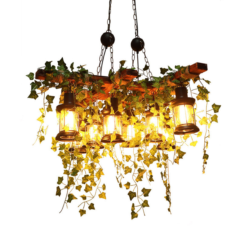 8 lumières Lantern Island Light Industrial Black Metal Sanging Lamping avec décoration végétale