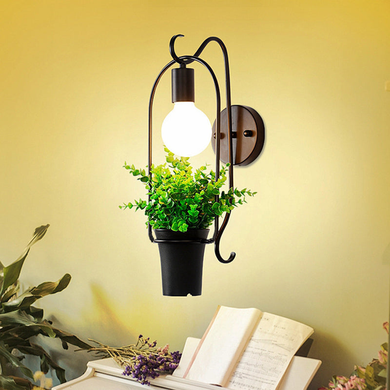 Potted Plant Restaurant Sconce Light Industrial Metal 1 Bulb Black LED Wall Lighting