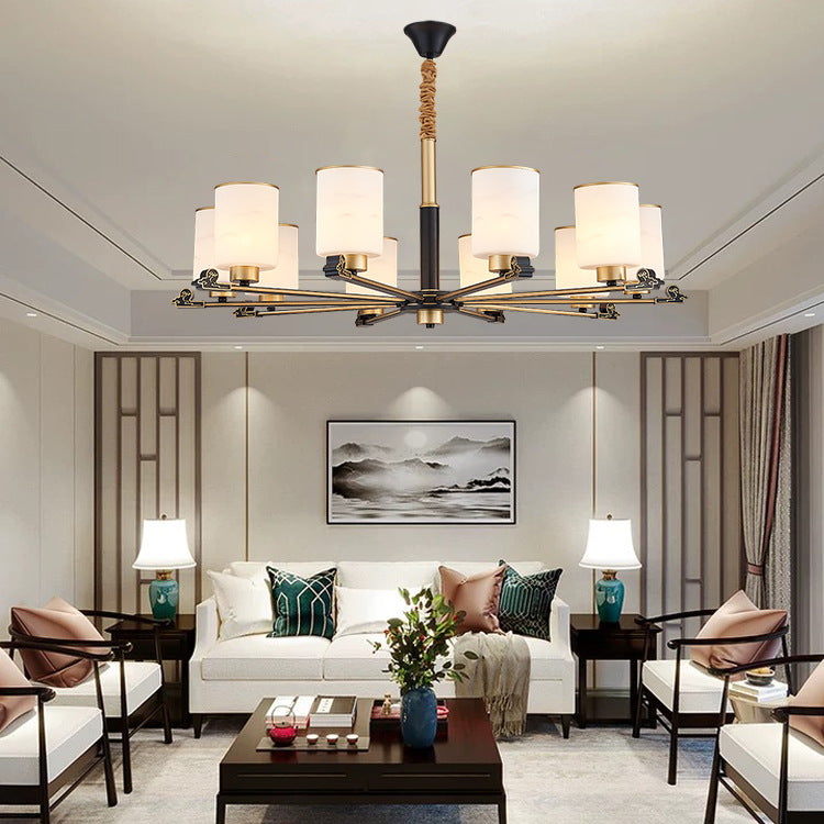 Contemporary Indoor Hanging Light Metal Cylindrical Chandelier with Glass Shade