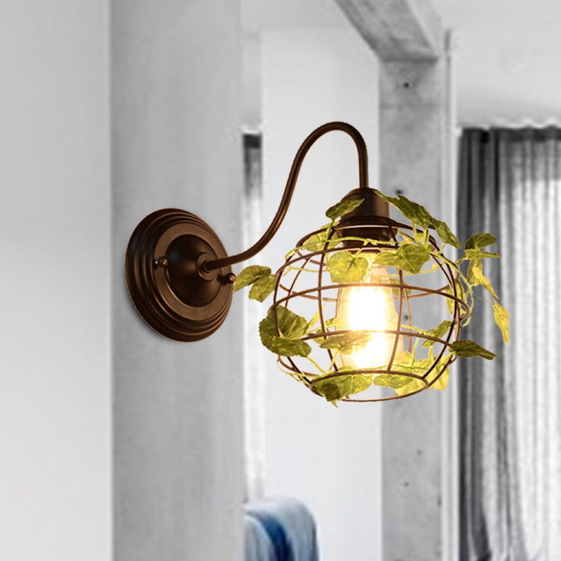 1 Light Wall Lighting Fixture Industrial Diamond/Globe/Square Metal LED Wall Lamp Sconce in Black with Plant