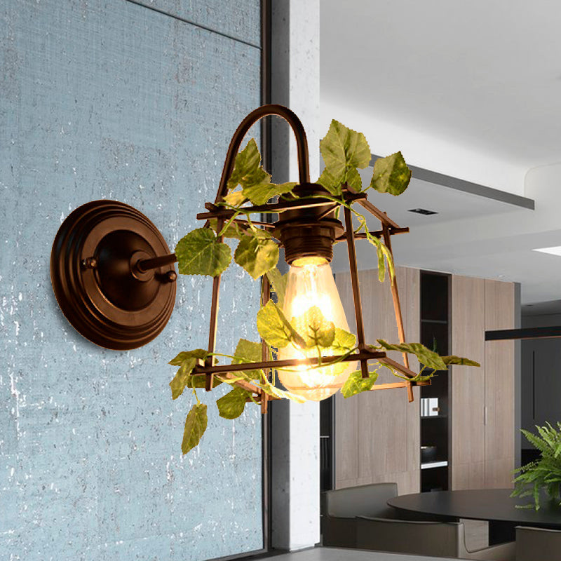 1 Light Wall Lighting Fixture Industrial Diamond/Globe/Square Metal LED Wall Lamp Sconce in Black with Plant