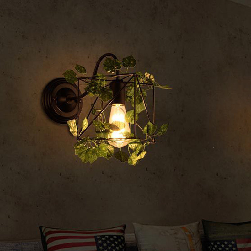 1 Light Wall Lighting Fixture Industrial Diamond/Globe/Square Metal LED Wall Lamp Sconce in Black with Plant