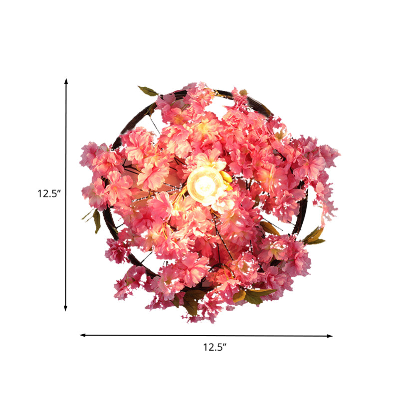 Vintage Wagon Wheel Wall Light 1 Bulb LED Metal Wall Sconce Lighting in Pink/Green with Flower/Plant Decor