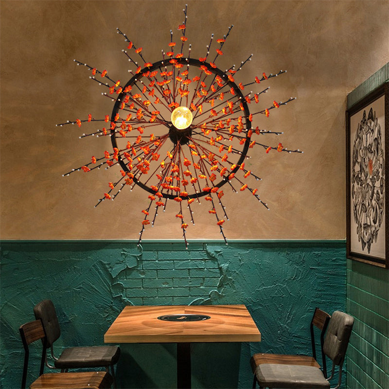 Metal Black Wall Sconce Wheel 1 Bulb Retro LED Wall Mount Light with Plum Blossom Decoration