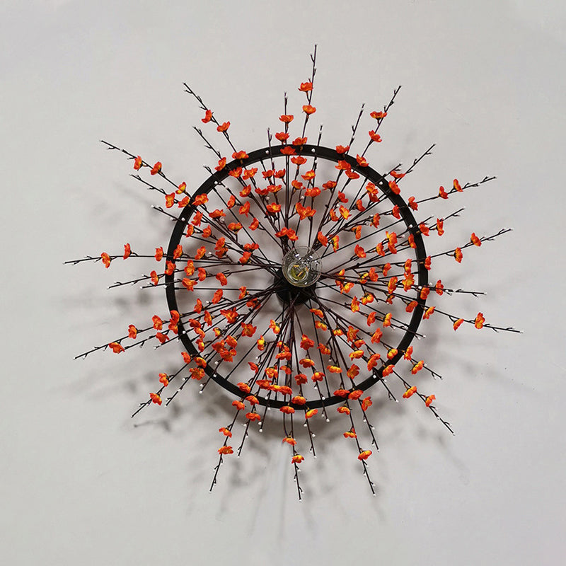 Metal Black Wall Sconce Wheel 1 Bulb Retro LED Wall Mount Light with Plum Blossom Decoration