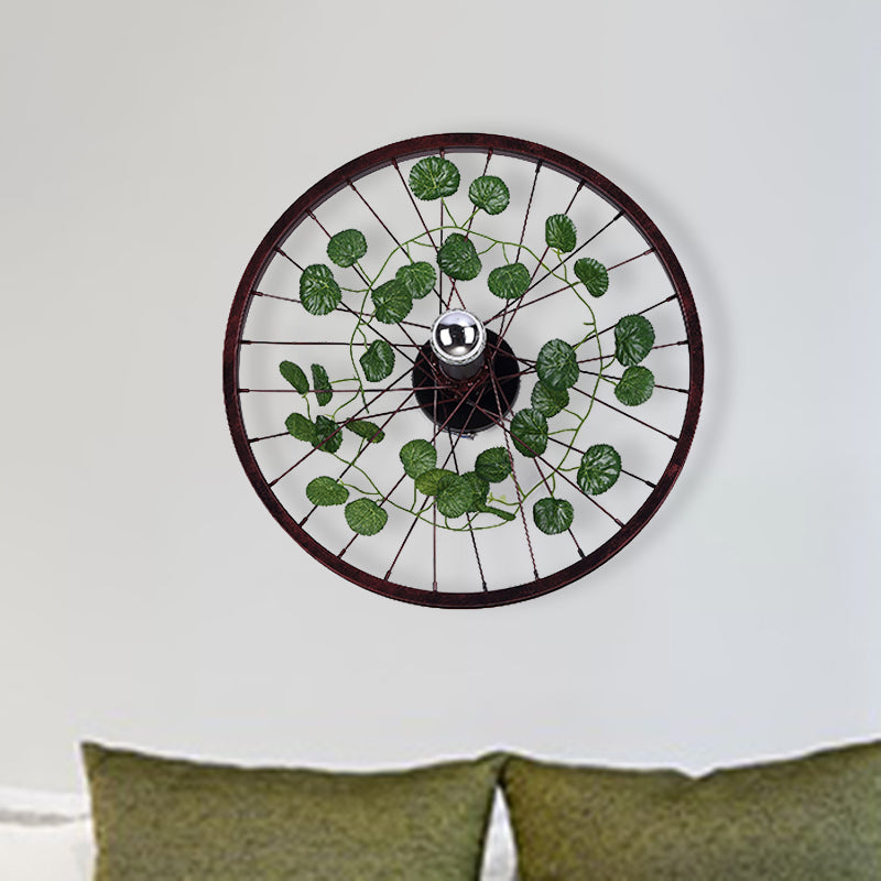 Rust Wheel Sconce Light Fixture Industrial Metal 1 Bulb Restaurant LED Plant Wall Mount Lamp, 12.5"/18"/21.5" Dia