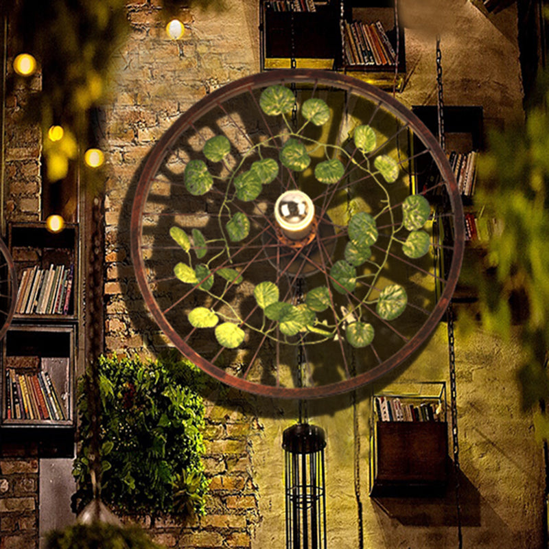 Rust Wheel Sconce Light Fixture Industrial Metal 1 Bulb Restaurant LED Plant Wall Mount Lamp, 12.5"/18"/21.5" Dia
