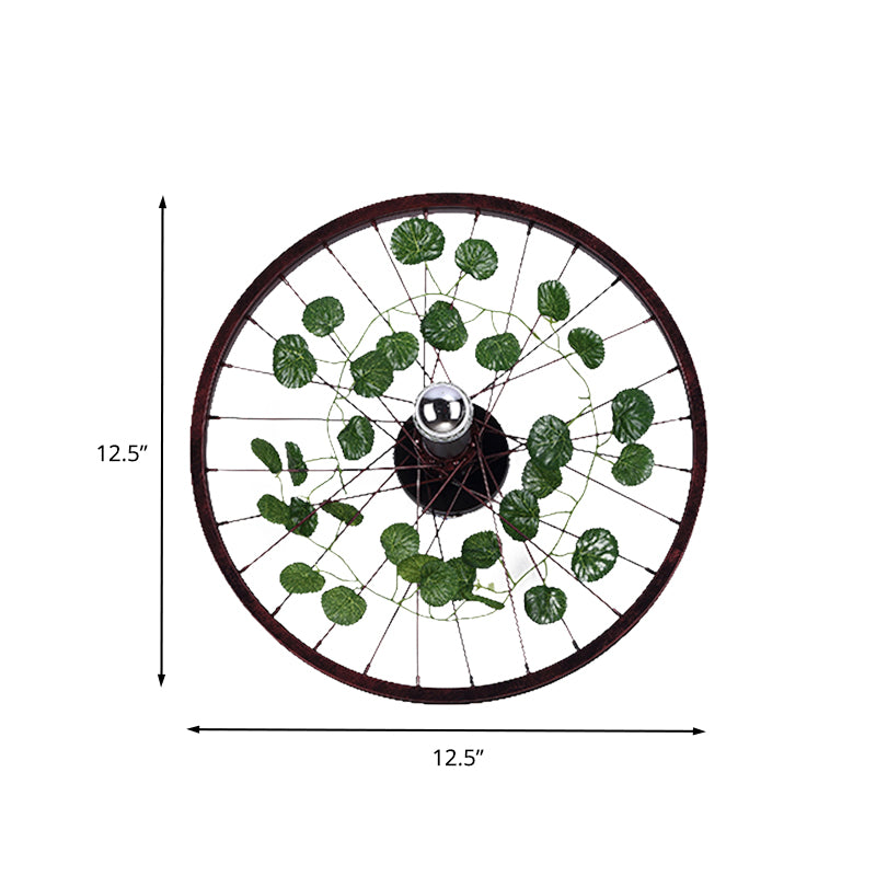 Rust Wheel Sconce Light Fixture Industrial Metal 1 Bulb Restaurant LED Plant Wall Mount Lamp, 12.5"/18"/21.5" Dia